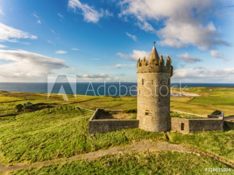 Picture of Aerial Famous Irish Tourist Attraction In Doolin County Clare Ireland Doonagore Castle is a round 16th-century tower Castle Aran Islands and along The Wild Atlantic Way